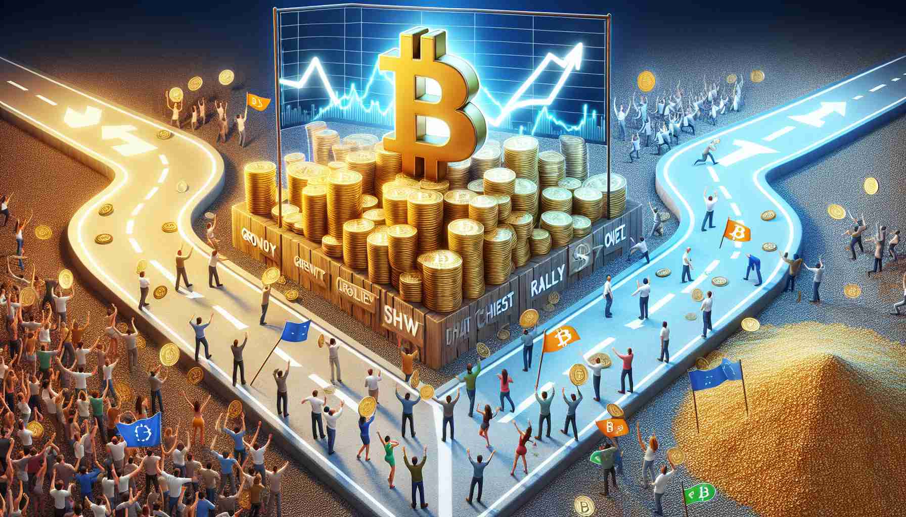 Realistic image visualizing a critical decision point for Bitcoin: A pathway splitting into two, one leading to a rally scene with increasing growth charts and enthusiastic individuals celebrating, the other leading to an accumulation scene with coins being gathered and stacked into a large heap.