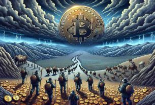 Create a detailed image representing a metaphor of the Bitcoin market facing uncertainty. The scene shows a stormy weather with clouds casting dark shadows over a vast landscape filled with symbolic representations of bitcoins. On one side, it presents a group of figures (stylized as miners with helmets and picks) walking away, leading herds of coins towards the edge of the scene, suggesting a major sell-off. The overall mood of the image should capture the volatility and unpredictability of cryptocurrency markets.