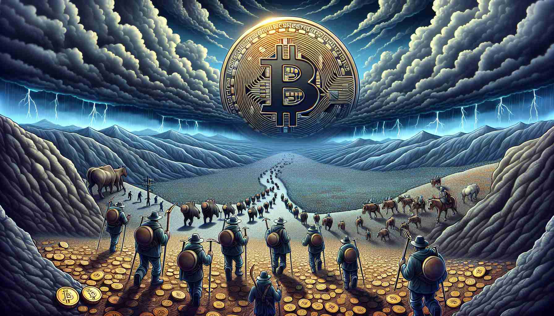 Create a detailed image representing a metaphor of the Bitcoin market facing uncertainty. The scene shows a stormy weather with clouds casting dark shadows over a vast landscape filled with symbolic representations of bitcoins. On one side, it presents a group of figures (stylized as miners with helmets and picks) walking away, leading herds of coins towards the edge of the scene, suggesting a major sell-off. The overall mood of the image should capture the volatility and unpredictability of cryptocurrency markets.