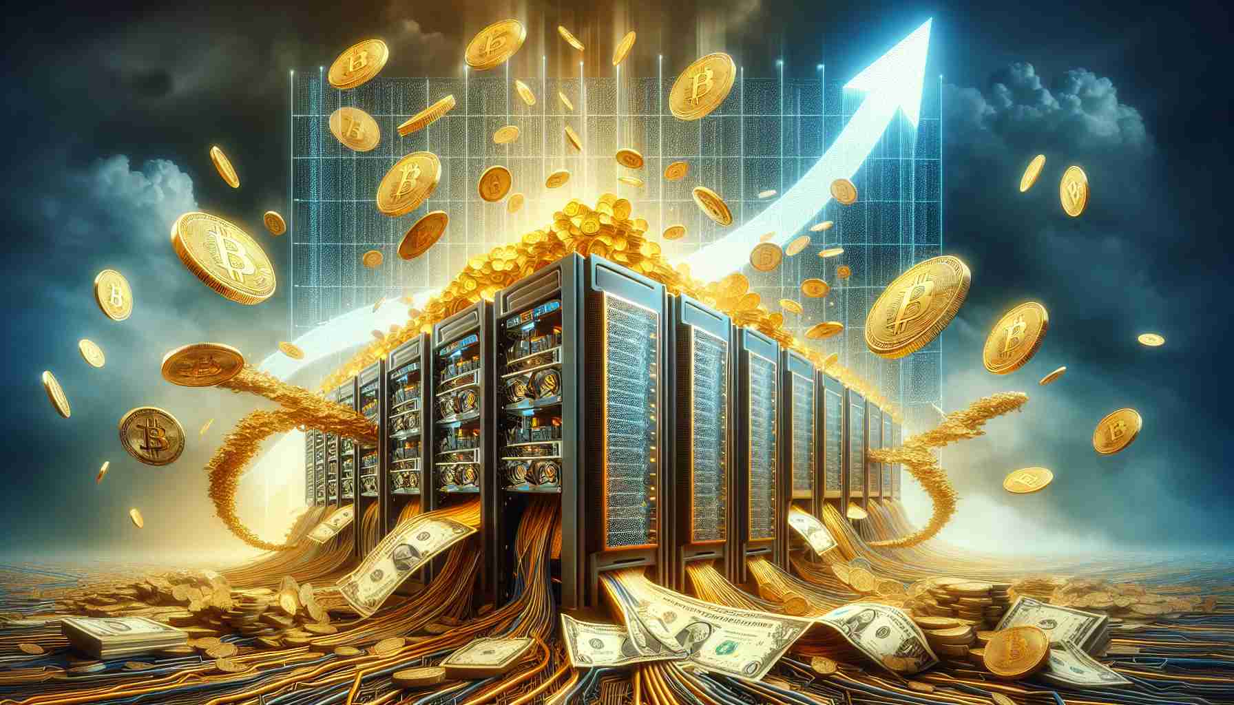 An image depicting a metaphorical representation of a significant shift in the cryptocurrency market. Visualize large volumes of monetary units, probably as golden coins or banknotes, flowing out from sizable crypto-mining rigs to the sky, indicating high outflows. Simultaneously, showcase the mining rigs themselves, large computers with complex, labyrinthine circuitry, with a rising graph chart surrounding them to represent the soaring market value. Please maintain a realistic HD picture quality.