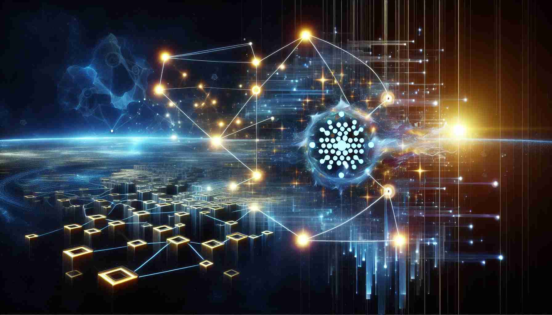 A high-definition realistic image illustrating the concept of Cardano's ecosystem expanding by integrating Inter-Blockchain Communication (IBC) for improved interoperability. The image may depict abstract symbols of expansion, integration, and interoperability, such as interconnecting vectors or nodes, flowing data streams, or merging visuals that represent different blockchain platforms.