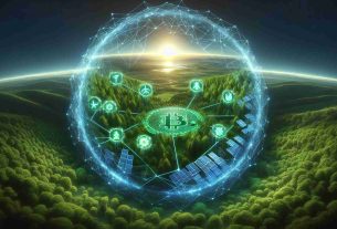 An ultra-high definition, realistic image representing the concept of a new frontier in eco-friendly cryptocurrency investments. The scene includes a lush green forest indicating sustainability, embracing a digital grid or web. The digital web may shimmer in electric blue, symbolizing the crypto universe. Embedded within this web are symbols of various cryptocurrencies but designed with a green hue. Details add defining elements like solar panels or wind turbines, emphasizing renewable energy. Lastly, incorporate a horizon portraying dawn, a metaphor for the new frontier. Avoid representations of any specific real-world companies or individuals.