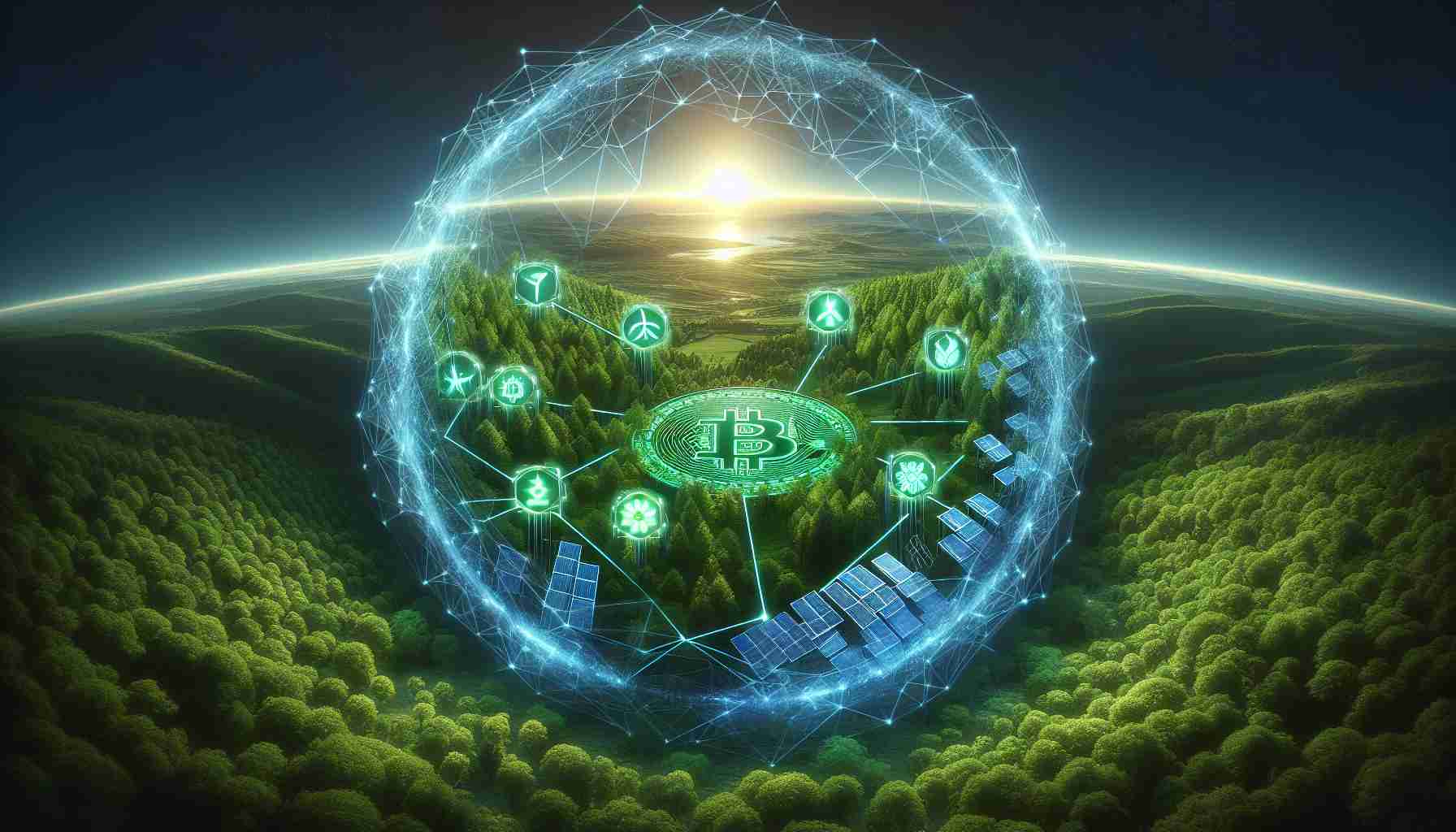 An ultra-high definition, realistic image representing the concept of a new frontier in eco-friendly cryptocurrency investments. The scene includes a lush green forest indicating sustainability, embracing a digital grid or web. The digital web may shimmer in electric blue, symbolizing the crypto universe. Embedded within this web are symbols of various cryptocurrencies but designed with a green hue. Details add defining elements like solar panels or wind turbines, emphasizing renewable energy. Lastly, incorporate a horizon portraying dawn, a metaphor for the new frontier. Avoid representations of any specific real-world companies or individuals.