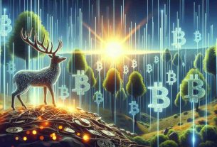 A realistic, high-definition image of abstract concept depicting future prospect of bitcoin mining represented by a symbolized deer. Illustrate a deer standing on a landscape abundant with flourishing trees and a rising sun in the background, symbolizing a prosperous future. This landscape is filled with penetrated shafts of lights representing bitcoin symbols hinting towards success and growth.