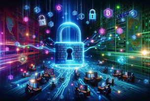 A high-definition, realistic illustration demonstrating the concept of revolutionizing security in online gaming, using blockchain technology. This could feature binary code flowing through digital locks in neon hues to symbolize security measures, fading into an engaging online gaming landscape where users are engaged in gameplay, surrounded by iconic symbols of blockchain - like interconnected blocks, chains, encrypted codes. Please include a background that suggests a digital universe. Aim to highlight the fusion of advanced encryption, security, and immersive gaming.