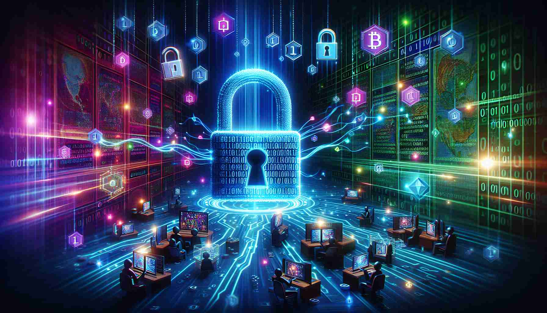 A high-definition, realistic illustration demonstrating the concept of revolutionizing security in online gaming, using blockchain technology. This could feature binary code flowing through digital locks in neon hues to symbolize security measures, fading into an engaging online gaming landscape where users are engaged in gameplay, surrounded by iconic symbols of blockchain - like interconnected blocks, chains, encrypted codes. Please include a background that suggests a digital universe. Aim to highlight the fusion of advanced encryption, security, and immersive gaming.