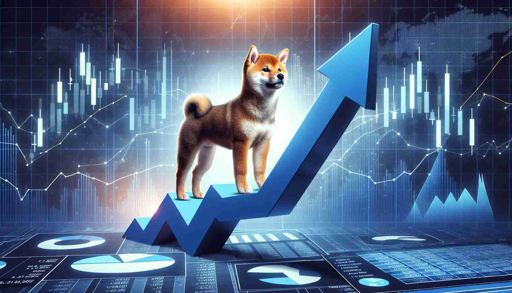 Generate a realistic high-definition image illustrating the concept of a market resurgence, symbolized by a Shiba Inu standing on a rising arrow, with financial charts or graphs in the background to imply economic growth.