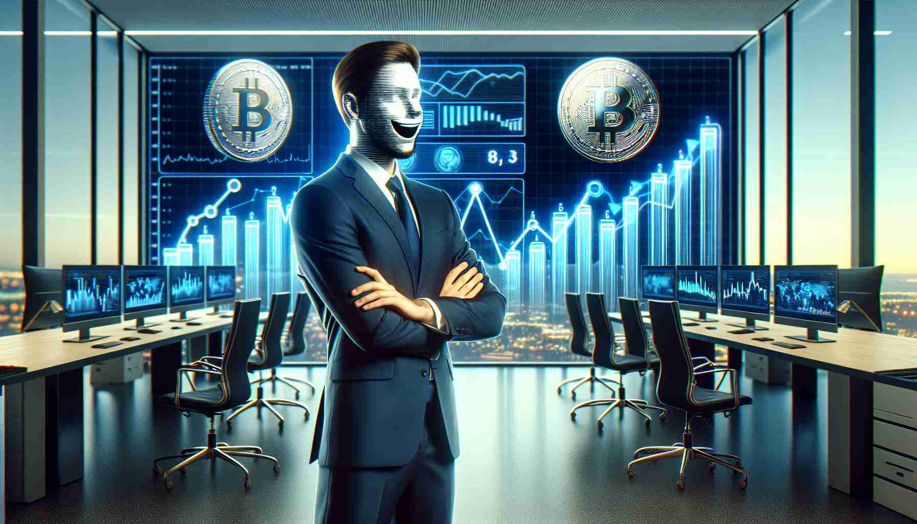 Realistic HD image of a professional corporate CEO in a business suit, standing confidently in a modern office environment filled with digital screens showing increasing graphs of a virtual coin, symbolizing the surge in meme coin's interest.