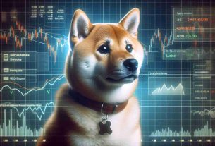 Generate a realistic, high definition image of a Shiba Inu dog appearing concerned or troubled, perhaps as if it is facing market turmoil. In the background, show some vague elements that represent finance or trading, such as charts or graphs. Include a digital tag or label next to the dog with the text: 'Insights from Team Member Lucie'. No specific individual should be represented.