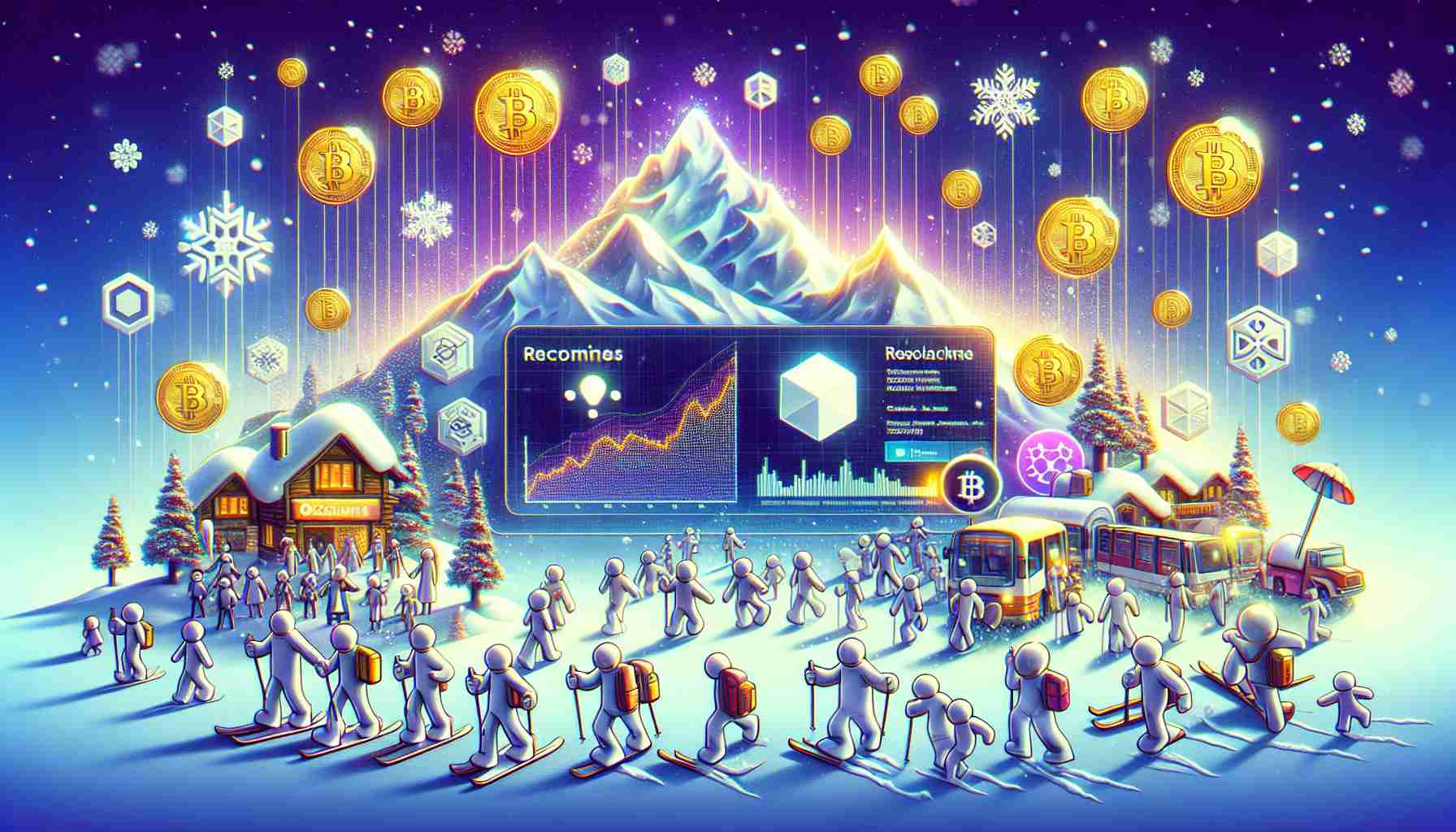 Detailed picture in high definition illustrating the concept of a digital avalanche welcoming a new virtual entity named 'Resella'. The scene should strategically allude to a new era of synergy between non-fungible tokens (NFTs) and cryptocurrency. Features could include visual elements like digital snowfall, symbolic icons related to NFTs and cryptocurrencies, and characters representing Avalanche and 'Resella'.