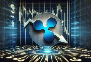 High-definition realistic image portraying the concept of a declining cryptocurrency. Picture a symbol for XRP Ripple with an arrow spiraling downward against the backdrop of a digital grid, representing a pricing chart. The particular point of interest should be the key pricing indicator, where the XRP RippleSymbol is seen falling below it.