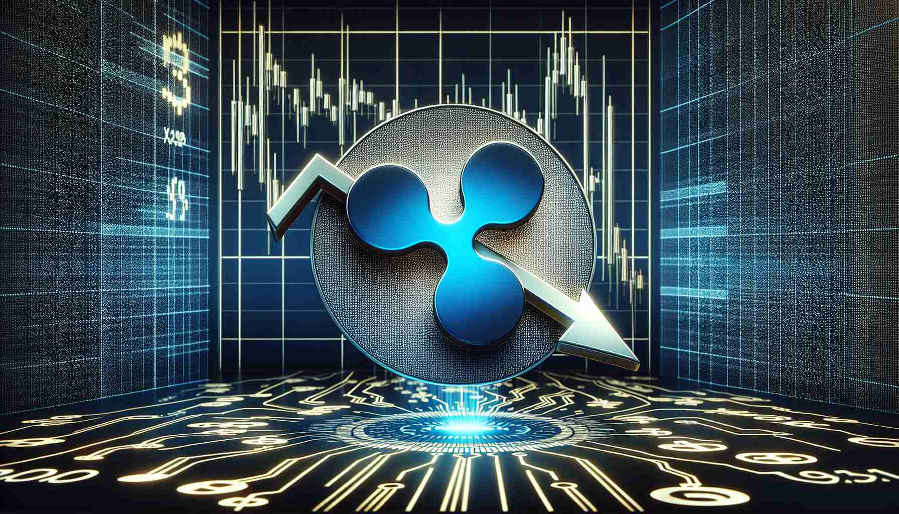 High-definition realistic image portraying the concept of a declining cryptocurrency. Picture a symbol for XRP Ripple with an arrow spiraling downward against the backdrop of a digital grid, representing a pricing chart. The particular point of interest should be the key pricing indicator, where the XRP RippleSymbol is seen falling below it.