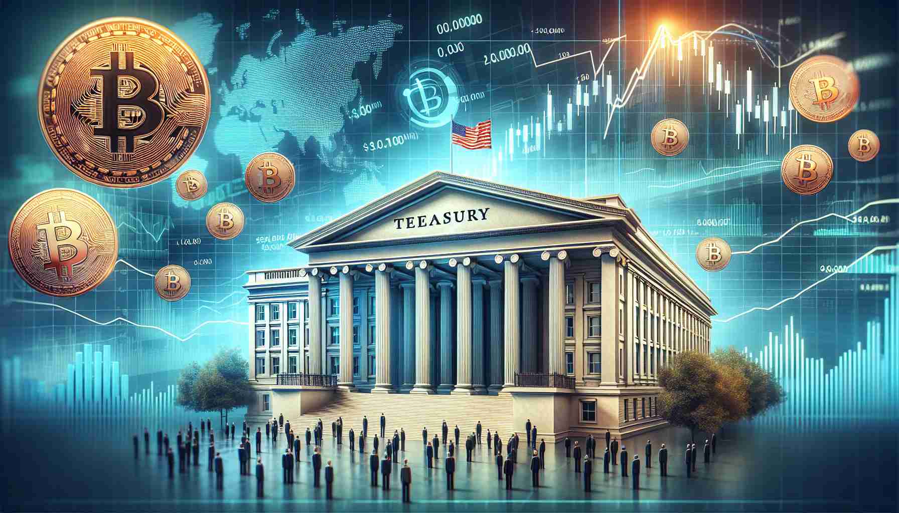 Realistic high-definition image depicting the concept of the U.S. Treasury raising concerns over risks associated with cryptocurrency. The image should include the visual representation of the Treasury building, and symbolic images related to cryptocurrency like Bitcoin symbol, graphs showing volatility, etc. Remember not to depict any real people or identifiable figures in this image, as the focus should be solely on the concept of the concern itself.