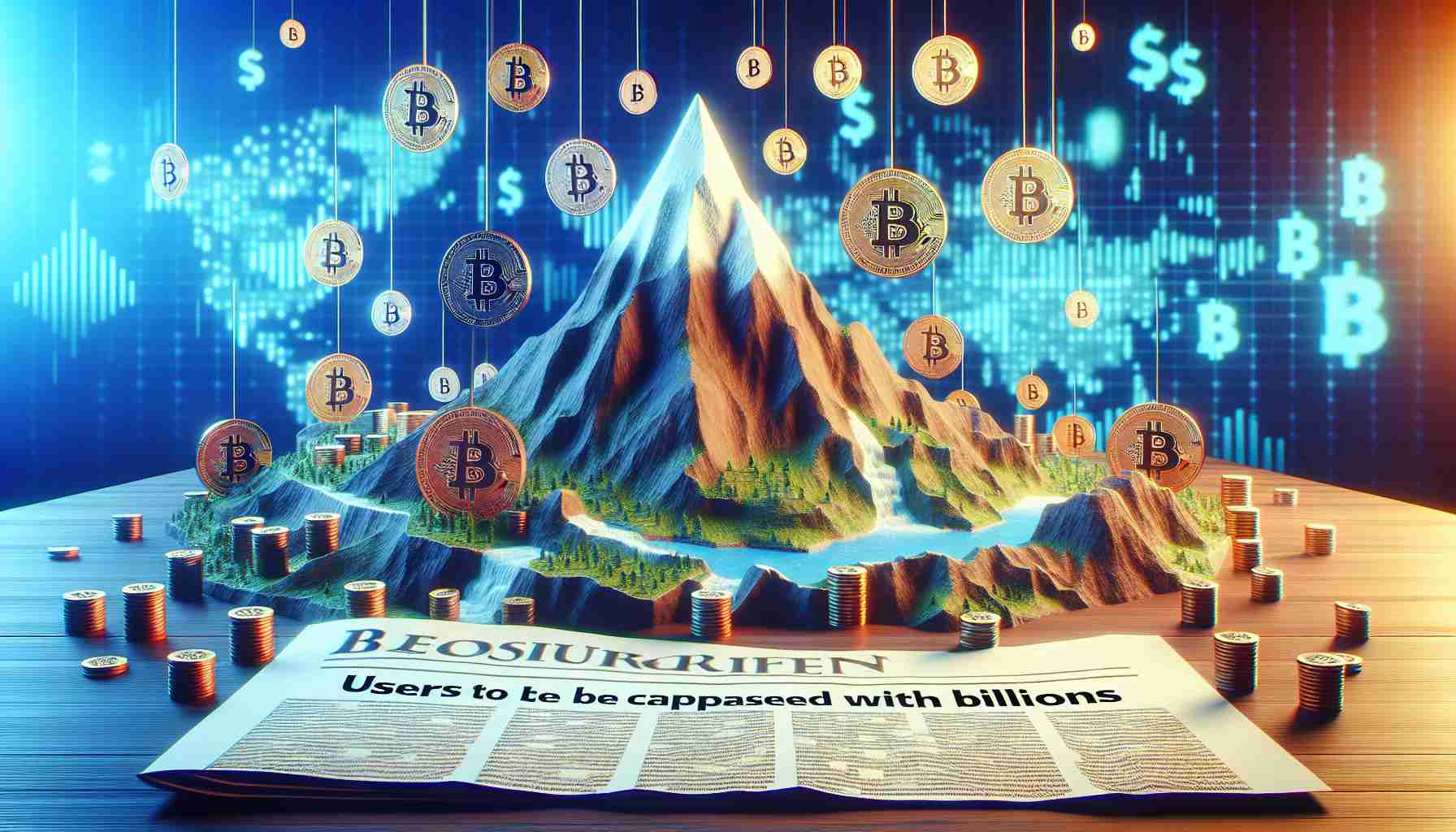 Generate a realistic high-definition image depicting a major cryptocurrency windfall. The scene could show possibly include symbolic representations of a mountain ('Mt.') and digital currency symbols (like the Bitcoin symbol, but not specifically that). A newspaper headline can be included stating 'Users to be compensated with billions'. The overall ambiance should reflect optimism and triumph.