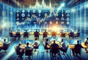 Generate a high-definition, realistic image depicting the remarkable momentum in cryptocurrency investment. The scene could feature a fast-paced trading environment with a large screen showing various cryptos skyrocketing in value. The dealers could be individuals from various genders and descents such as Caucasian, Hispanic, and Middle-Eastern, all engrossed in their computer screens and making trades. Please make sure it showcases intense excitement and anticipation because of the dynamic crypto market.