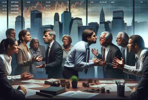 Realistic high-definition image depicting a scene where customers of a fictitious financial trading company are contending for asset ownership rights after the company has declared bankruptcy. The image captures the emotions, disgruntlement and urgency of the customers during this situation.