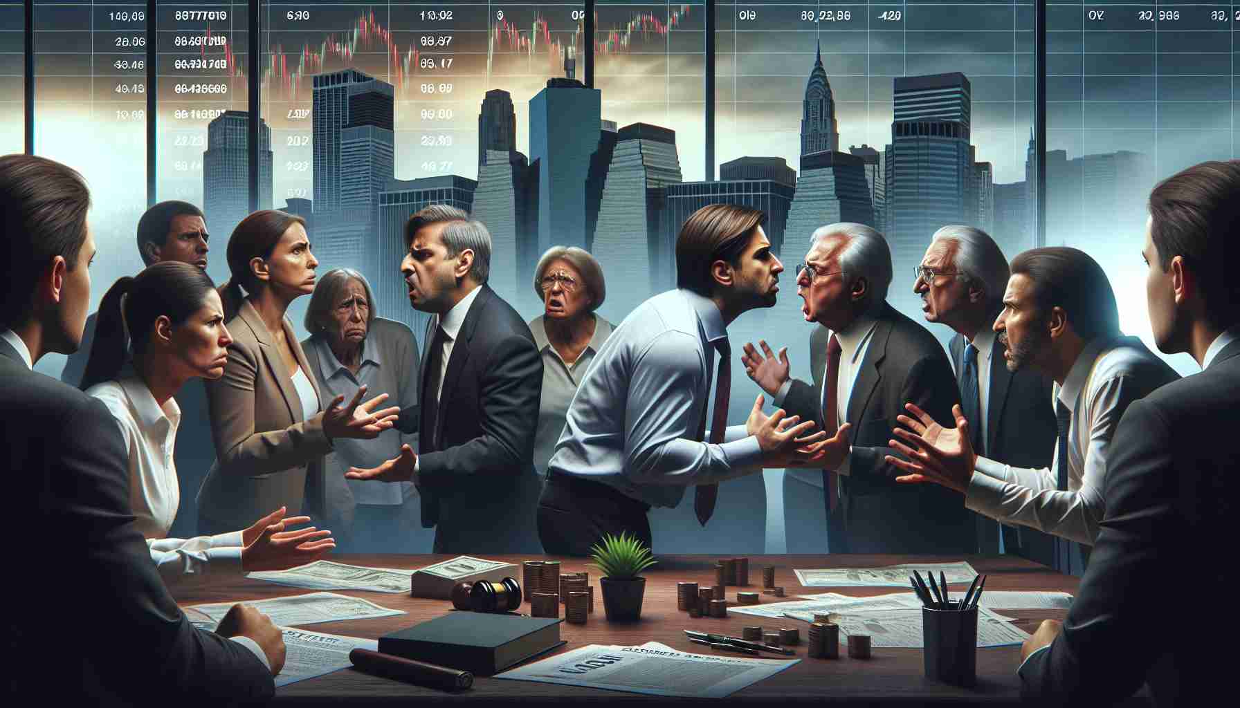 Realistic high-definition image depicting a scene where customers of a fictitious financial trading company are contending for asset ownership rights after the company has declared bankruptcy. The image captures the emotions, disgruntlement and urgency of the customers during this situation.