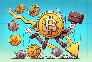 Illustration of an anthropomorphized bitcoin token, appearing distressed, tightly clutching a briefcase and appearing to be in mid-air, signifying a dive or fall. Along with it, on the same downward trajectory are smaller distressed tokens with different symbols on them representing various altcoins. These tokens too, are in mid-air, struggling to control their motion, making the viewer perceive a disruptive market scenario. All items are against a background of a line graph showcasing a sharp downward trend.