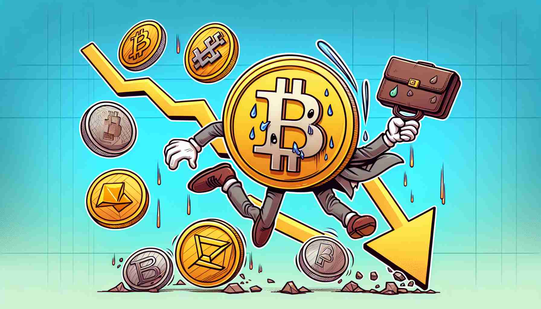 Illustration of an anthropomorphized bitcoin token, appearing distressed, tightly clutching a briefcase and appearing to be in mid-air, signifying a dive or fall. Along with it, on the same downward trajectory are smaller distressed tokens with different symbols on them representing various altcoins. These tokens too, are in mid-air, struggling to control their motion, making the viewer perceive a disruptive market scenario. All items are against a background of a line graph showcasing a sharp downward trend.