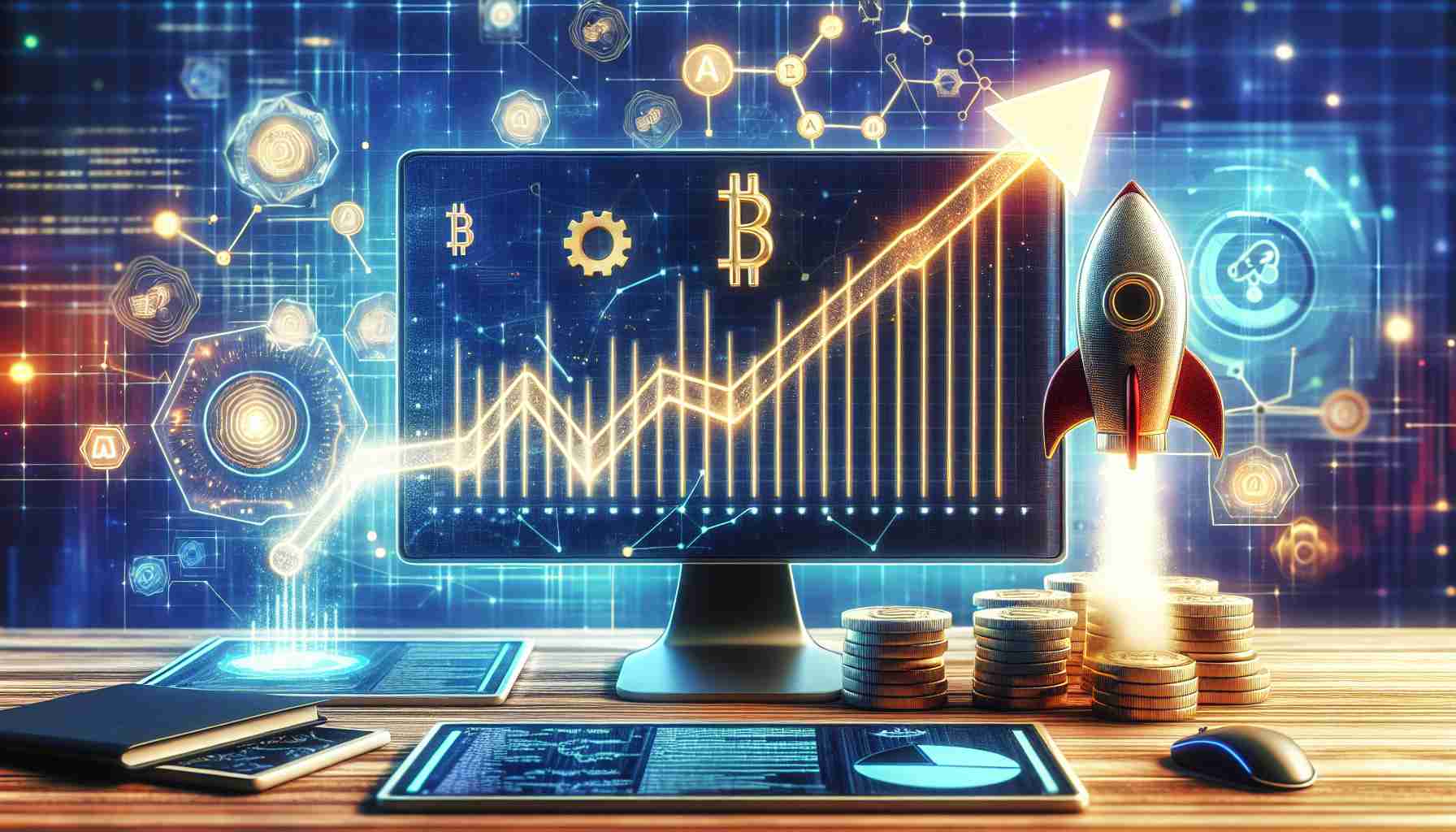 A high-definition conceptual illustration demonstrating the surge in AI token value correlating with the hypothetical increment in a technology company's valuation. The scene could show a computer screen displaying a bar graph illustrating the upward trend of the values, along with symbols of AI tokens and a rocket symbolizing skyrocketing valuation. The backdrop can feature tech-themed items, such as microprocessors or coding symbols for additional context. Please refrain from adding company logos or definite identifiers.