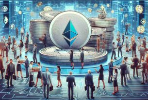 Generate a high-definition, realistic scene depicting a diverse array of individuals engaged in the act of investing in Ethereum, which is represented as an abstract concept rather than a physical currency or object. Simultaneously, a separate group of individuals of various descents can be seen cashing out their Bitcoin investments, again represented abstractly. The setting can be a modern, digital-themed environment to reflect the nature of cryptocurrency investing.