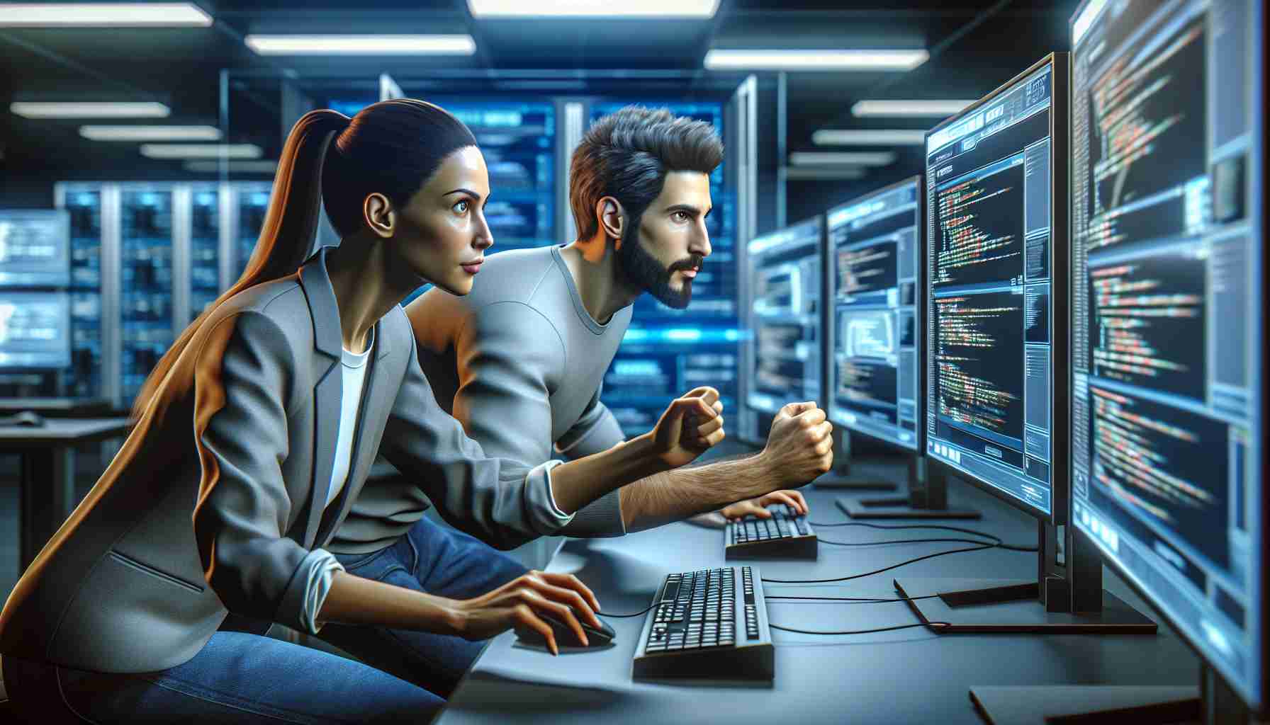 A high-definition, realistic image illustrating a scenario where technology enthusiasts and founders of a fictitious company named 'Sui' are engaged in a competition testing their skills. The founders can be two individuals, one Caucasian woman and a Middle-Eastern man, both in front of high-tech computerized workstations involved in a thrilling virtual race. The environment should be an advanced tech lab or an office, filled with screens showing various data and coding languages.