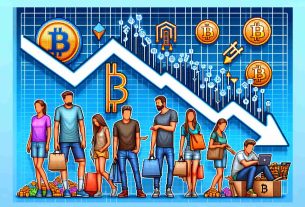 Generate a realistic HD image illustrating the concept of retail crypto enthusiasts' activity diminishing due to Bitcoin's decreased transfer volume. The image could perhaps include some icons or symbols that represent crypto, like Bitcoin, and visual representations of a decline such as a downward trending graph, alongside some stereotypical tech-focused individuals who are visibly less engaged or active.