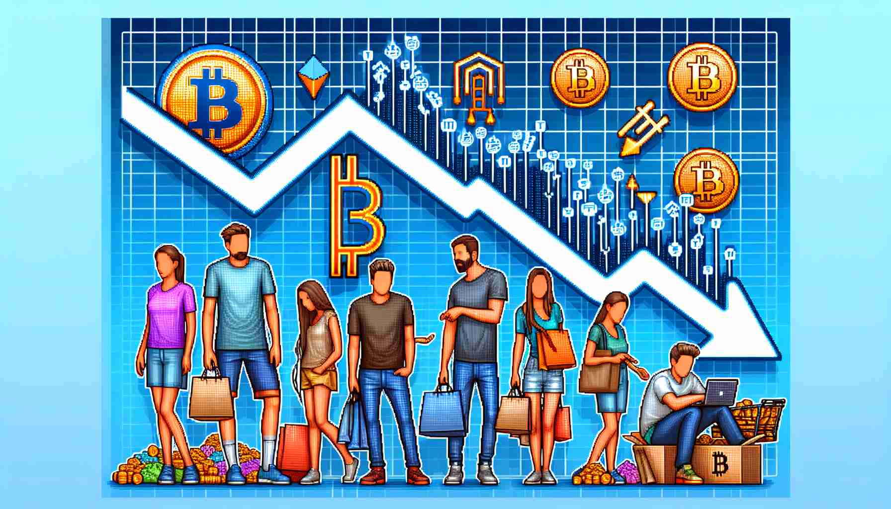 Generate a realistic HD image illustrating the concept of retail crypto enthusiasts' activity diminishing due to Bitcoin's decreased transfer volume. The image could perhaps include some icons or symbols that represent crypto, like Bitcoin, and visual representations of a decline such as a downward trending graph, alongside some stereotypical tech-focused individuals who are visibly less engaged or active.