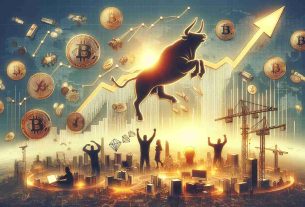 Create a high-definition realistic image that visualizes the concept of Bitcoin rebounding and stirring enthusiasm through sector developments. The image should show the Bitcoin logo rising upwards, symbolizing a rebound, surrounded by elements of financial growth like graphs showing an upward trend, coins, a bull for bullish market sentiment. To represent sector developments, depict silhouettes of investors or traders celebrating, construction cranes, innovative technology like computers and servers. Also, include a backdrop of a thriving city to imply economic growth and development.