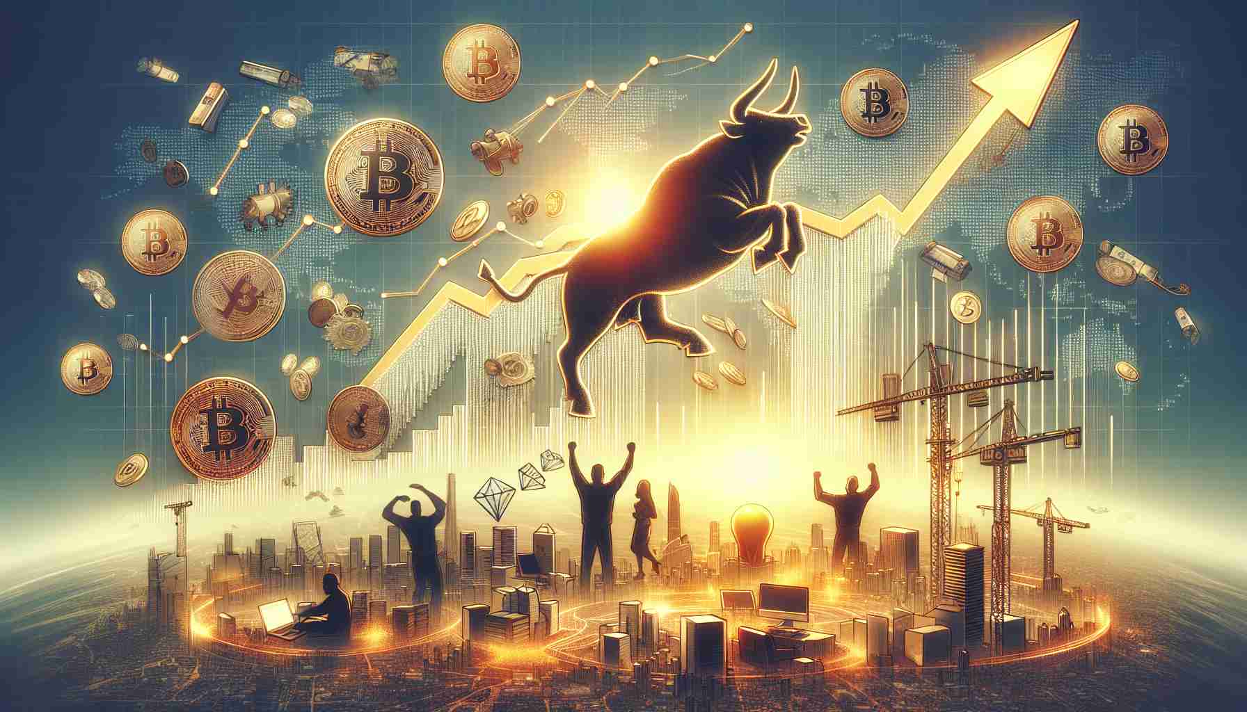 Create a high-definition realistic image that visualizes the concept of Bitcoin rebounding and stirring enthusiasm through sector developments. The image should show the Bitcoin logo rising upwards, symbolizing a rebound, surrounded by elements of financial growth like graphs showing an upward trend, coins, a bull for bullish market sentiment. To represent sector developments, depict silhouettes of investors or traders celebrating, construction cranes, innovative technology like computers and servers. Also, include a backdrop of a thriving city to imply economic growth and development.