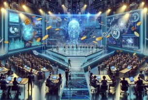 A highly detailed depiction of an electronic company's recent event, which is causing ripples in the futuristic AI cryptocurrency market. The setting is an ultra-modern stage with cutting-edge technology, featuring large screens displaying charts and graphs related to artificial intelligence and cryptocurrency trends. In the foreground, people from diverse racial backgrounds and both genders are engaged in intense discussions, reacting to the breakthrough announcement. Spotlights illuminate the scene, while shards of virtual coins and AI symbols metaphorically 'fall' through the air, embodying the shockwaves caused.