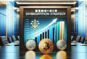 A high-definition realistic image showcasing a Japanese investment firm indicating its diversification strategy. The image consists of a prominent display of a rising graph chart symbolizing increased investment stake, paired with Bitcoin logos interleaved, representing the firm's significant investment in Bitcoin. The logo of the firm, not realistic but a symbolic Japanese crest, is also present. The setting is a polished office environment with modern Japanese aesthetics.