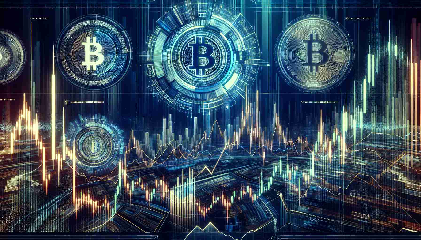 Generate an image depicting a highly realistic HD visual representation of a cryptocurrency market undergoing significant weekly changes in its ranking. Display this in an elaborate way where there's a ticker-style capture showcasing the rise and fall of different digital currencies. The background should be an evocative abstract design themed around technology and finance.