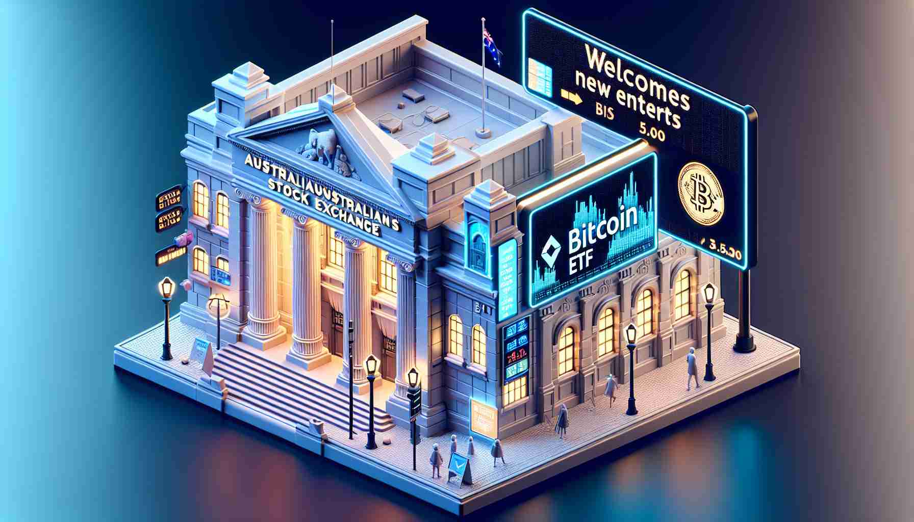 Create a high-definiton, realistic image of a financial institution, symbolizing the Australian Stock Exchange. On its outside, depict a signboard stating 'Welcomes New Entrants', and next to it, a digital screen showcasing the Bitcoin ETF (exchange traded fund). Include intricate details such as building architecture, lamps, signboards, and screens.