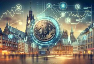 Generate a realistic, high-definition image demonstrating a significant transfer of Bitcoin in a German setting with the backdrop showcasing the dynamics of the cryptocurrency market. Include depictions of a futuristic digital screen displaying cryptocurrency exchange rates, Bitcoin symbols, fluctuating graphs and transaction visuals all surrounded by classical German architecture.