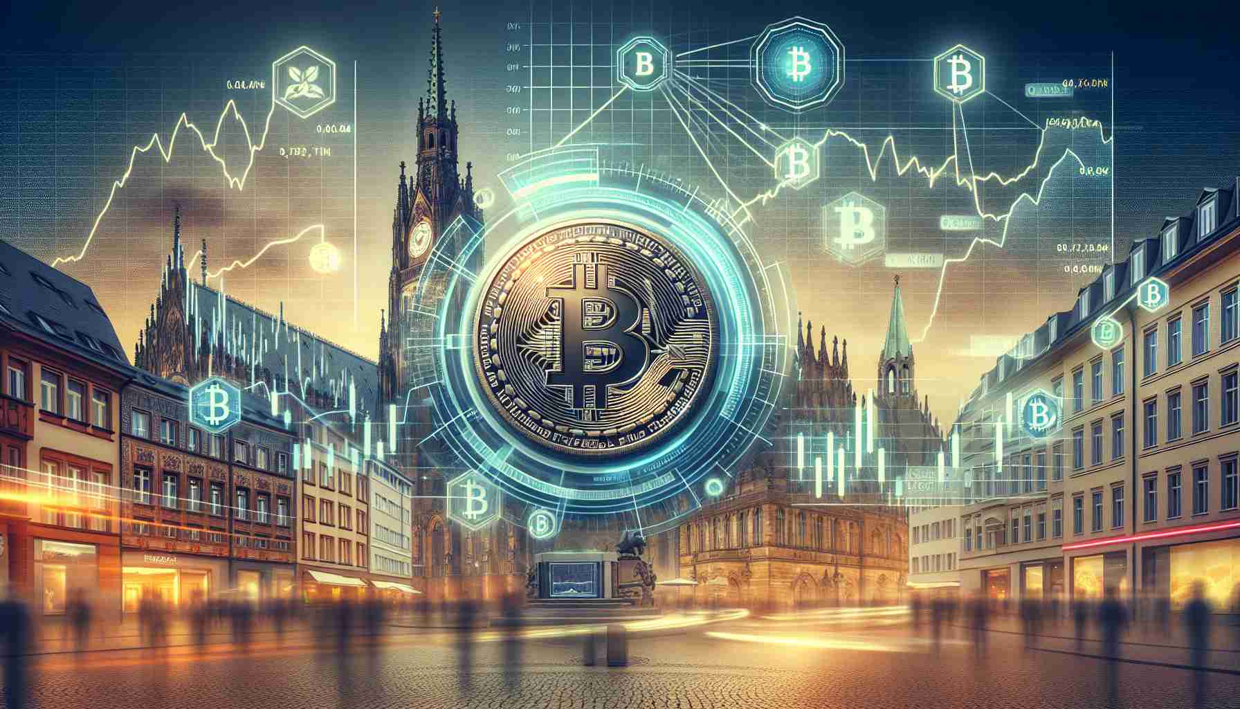 Generate a realistic, high-definition image demonstrating a significant transfer of Bitcoin in a German setting with the backdrop showcasing the dynamics of the cryptocurrency market. Include depictions of a futuristic digital screen displaying cryptocurrency exchange rates, Bitcoin symbols, fluctuating graphs and transaction visuals all surrounded by classical German architecture.