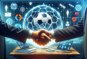 Create a realistic high definition image portraying the merging of a global football organization and a technology company, venturing into the futuristic era of Web3. Please include a scene which represents a mutually beneficial partnership, possibly with symbolic elements like hands shaking over a table, football, and various technological elements indicating the departure towards Web3 solutions.