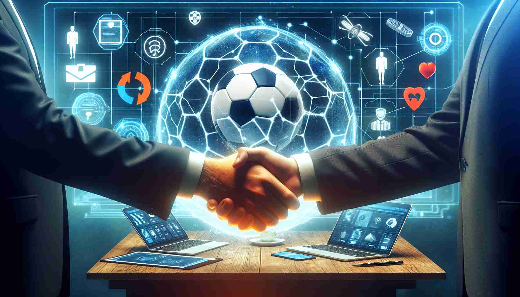 Create a realistic high definition image portraying the merging of a global football organization and a technology company, venturing into the futuristic era of Web3. Please include a scene which represents a mutually beneficial partnership, possibly with symbolic elements like hands shaking over a table, football, and various technological elements indicating the departure towards Web3 solutions.