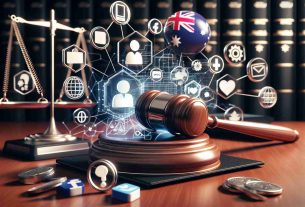 A realistic, high-definition image showcasing the concept of a legal battle progressing. The image includes symbols representative of law and justice such as a judge's gavel, court documents, or a courtroom, juxtaposed with icons that represent the digital sphere such as logos or icons implying a social media platform. The image should also incorporate elements that create an Australian feel, for example, an Australian flag, unique Australian fauna or flora, or Australian landmarks. However, avoid references to any specific individual or recognizable social media platforms.