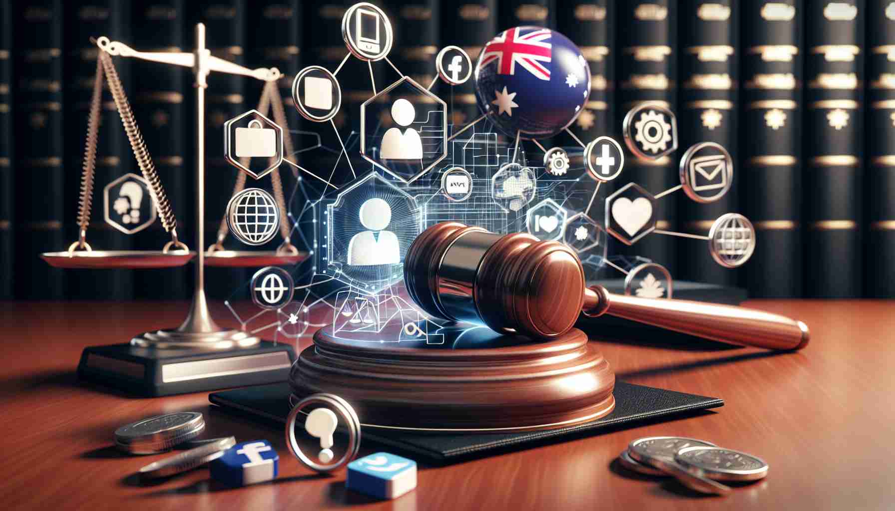 A realistic, high-definition image showcasing the concept of a legal battle progressing. The image includes symbols representative of law and justice such as a judge's gavel, court documents, or a courtroom, juxtaposed with icons that represent the digital sphere such as logos or icons implying a social media platform. The image should also incorporate elements that create an Australian feel, for example, an Australian flag, unique Australian fauna or flora, or Australian landmarks. However, avoid references to any specific individual or recognizable social media platforms.