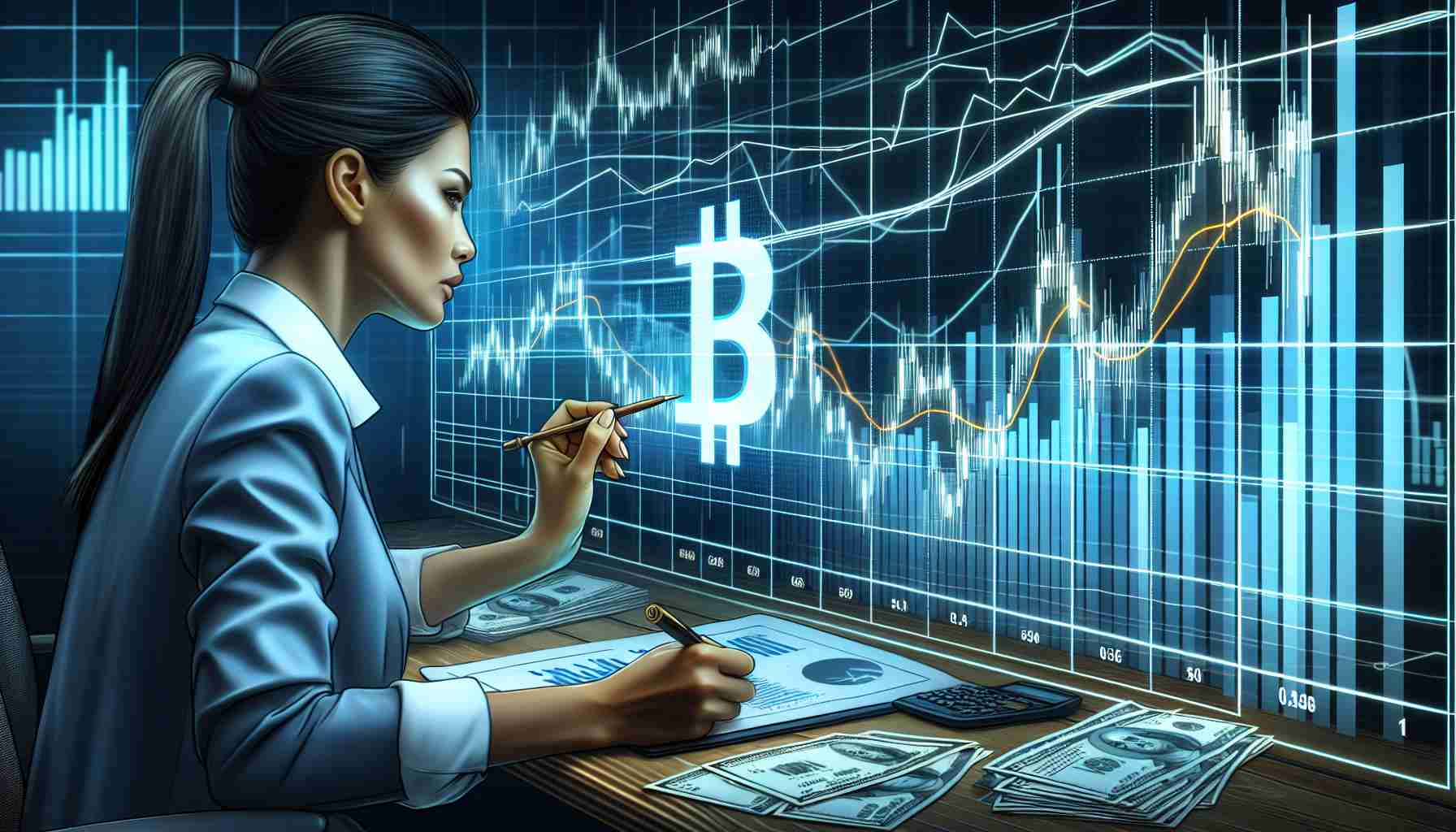 Realistic high-definition illustration of a financial expert studying a Bitcoin graph with various marked support levels. The intensity of the graph's fluctuations demonstrate the volatility of Bitcoin's price. The expert should be depicted as a South Asian female, absorbed in deep analysis.