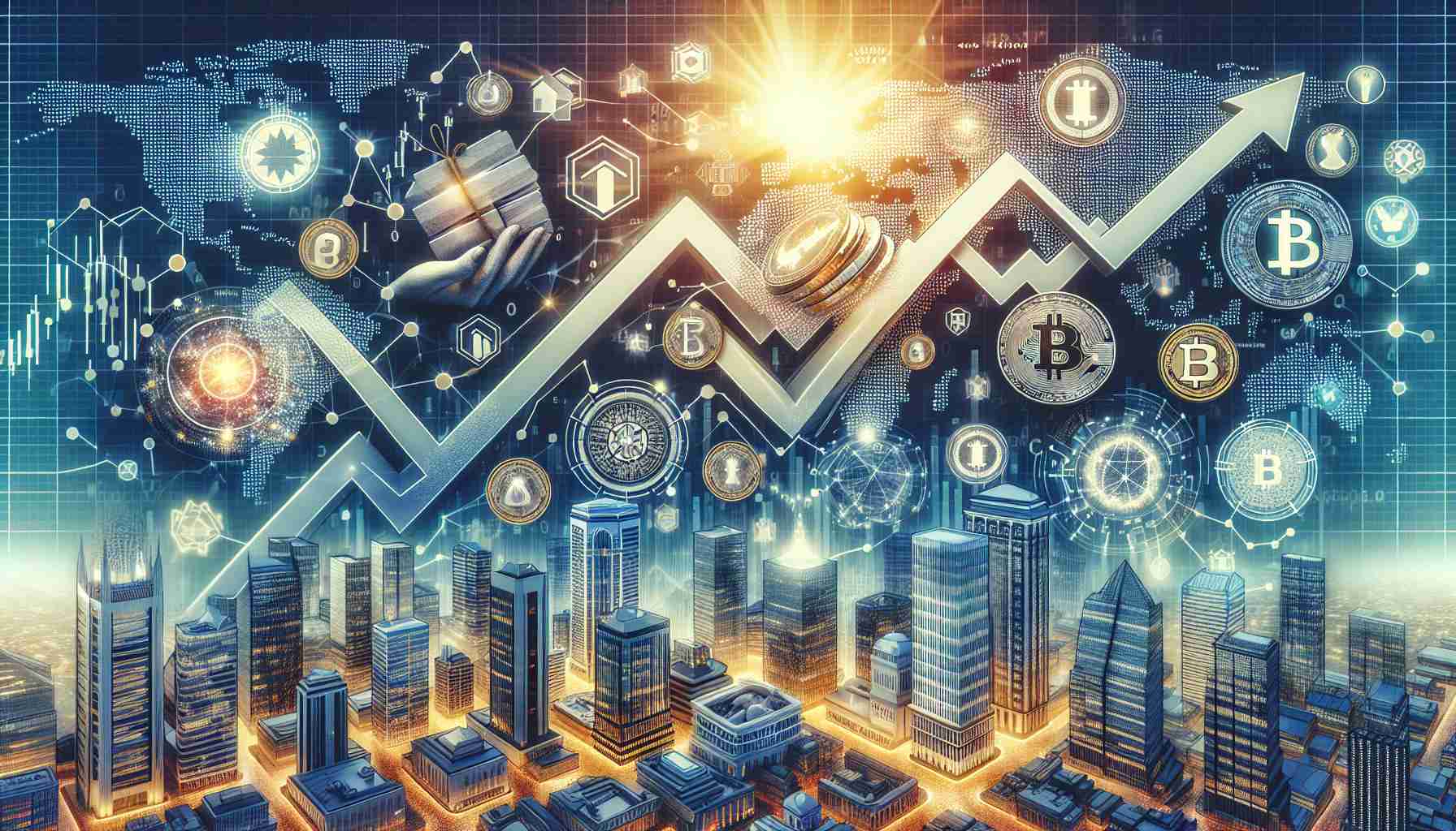 Realistic high-definition image depicting the concept of 'The Rise of Tokenized Real-World Assets in Traditional Finance'. It includes visual elements such as traditional financial symbols like bank buildings and stock market graphs, coupled with symbols of digital technology like cryptocurrency tokens and blockchain network diagrams. Add a dynamic visual representation of the rise, which might be enacted by ascending arrows or an upward-moving wave. Also, integrate real-world assets like images of real estate, gold, and other tangible resources.