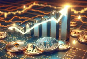 A highly-detailed, realistic image depicting the concept of Crypto ETF expansion. In the foreground, show symbols of Bitcoin and Ethereum, perhaps coins or charts, and in the background, display an ascending bar graph, the traditional symbol of financial growth and expansion. The labels on the graph are ETFs, symbolizing their anticipated increase. The overall tone of the image is positive and optimistic.