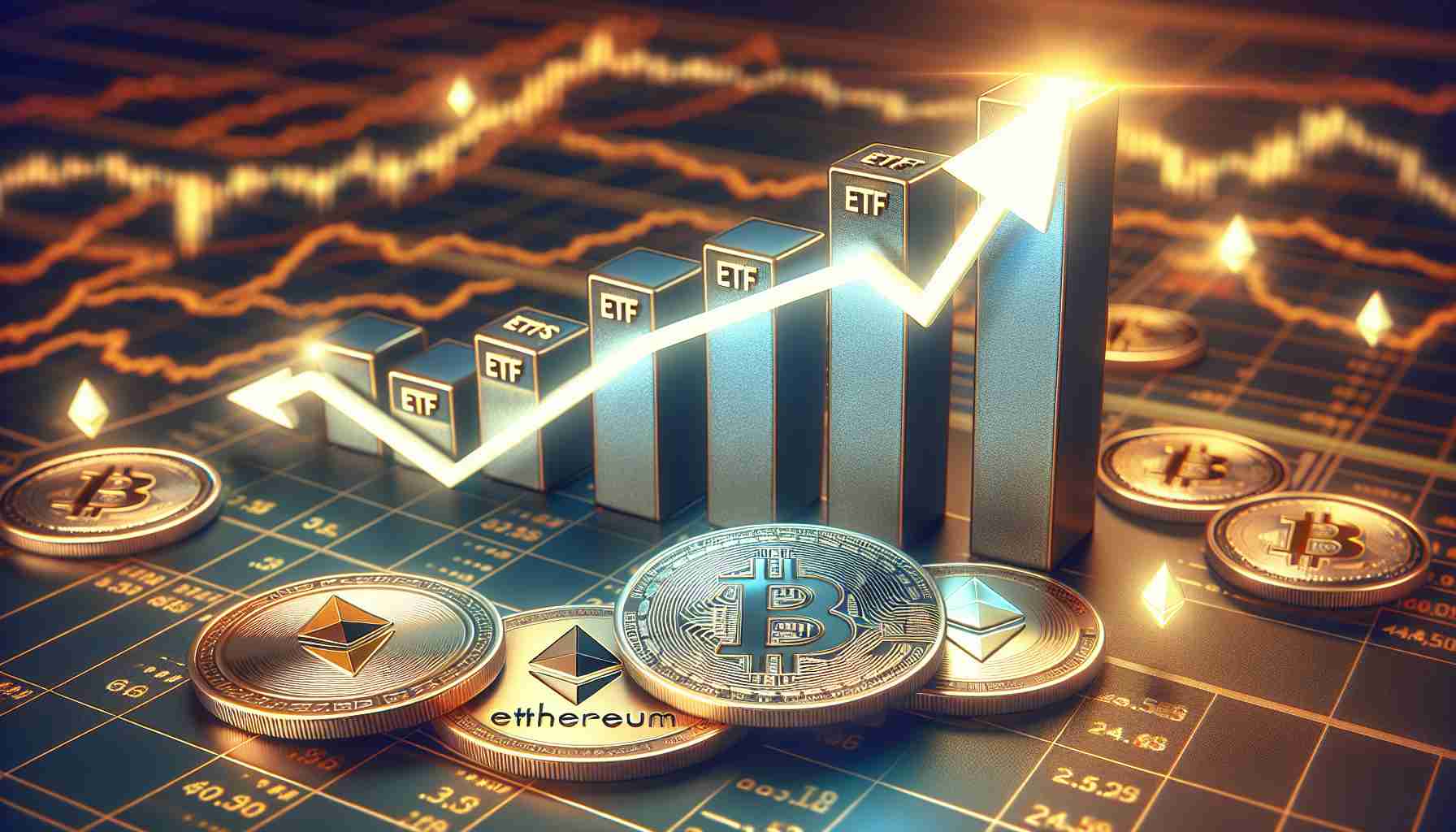 A highly-detailed, realistic image depicting the concept of Crypto ETF expansion. In the foreground, show symbols of Bitcoin and Ethereum, perhaps coins or charts, and in the background, display an ascending bar graph, the traditional symbol of financial growth and expansion. The labels on the graph are ETFs, symbolizing their anticipated increase. The overall tone of the image is positive and optimistic.