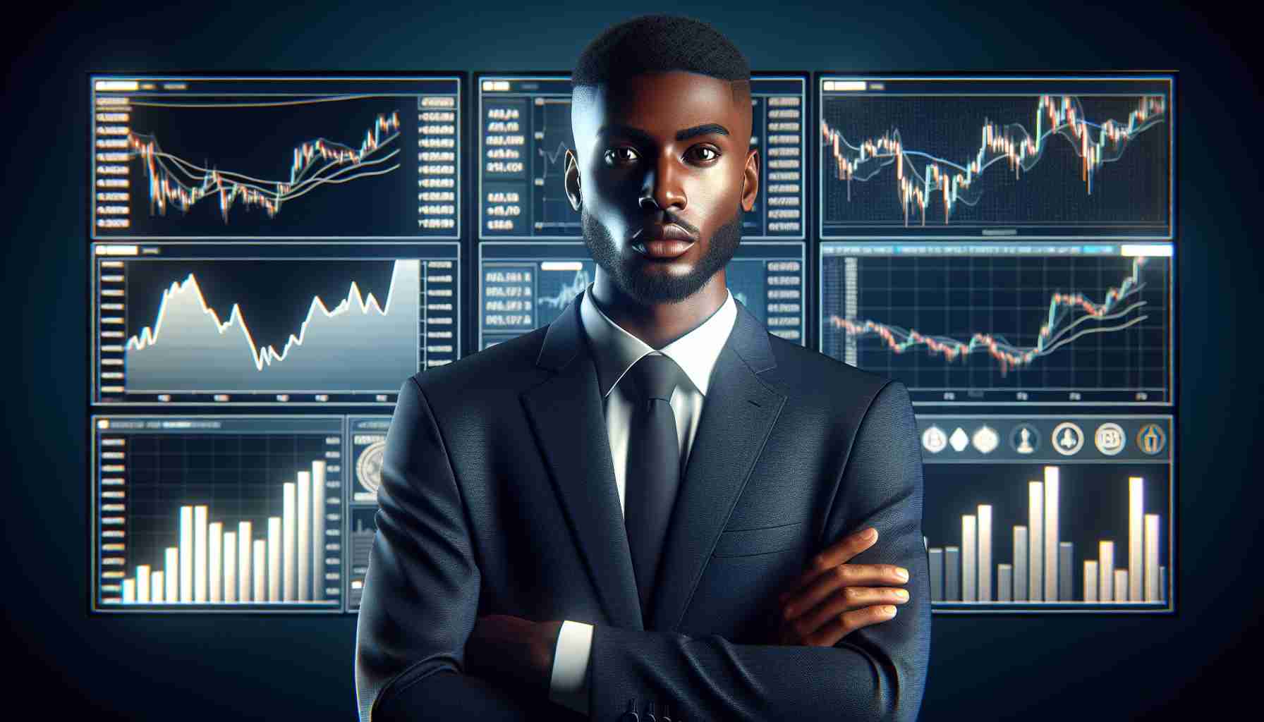 Realistic HD image of a Black male market analyst championing the enlightenment of cryptocurrency. He is professionally dressed and stands confidently in front of a large digital screen displaying various cryptocurrency data and charts. His focused gaze portrays his dedication and expertise.