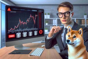 Create a realistic, high-definition image of a Shiba Inu dog in a corporate environment, possibly wearing a suit and glasses, looking serious and cautious. It is next to a computer screen displaying a graph showing cryptocurrency performance, with the word 'TREAT' prominent but with a red warning sign showing risk. The room is well-lit with modern office decor.