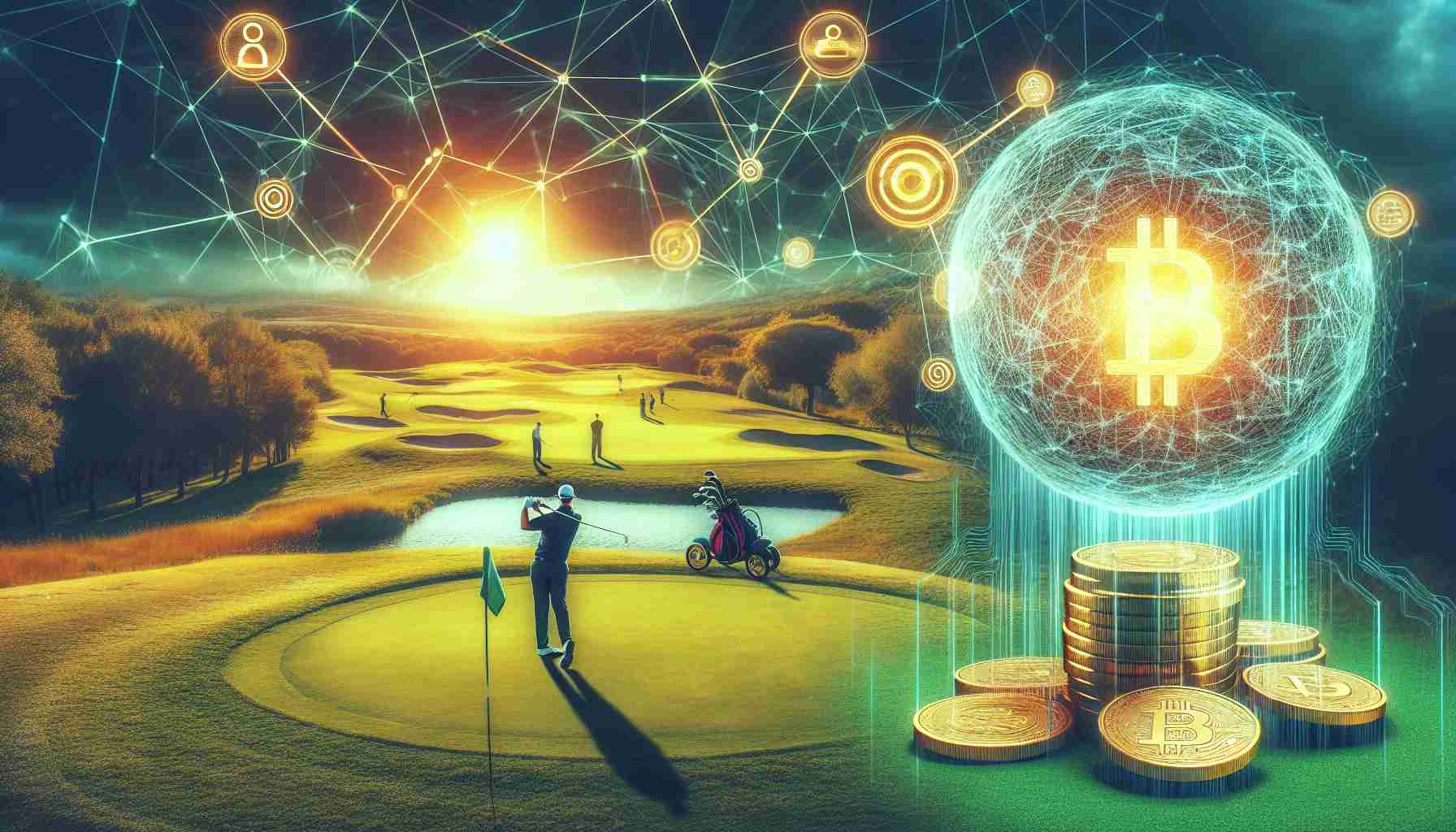 Generate a highly detailed photograph showcasing a revolutionary moment in a golf game. Depict symbols representing blockchain technology like networking graphics and encryption icons integrated into the golf course landscape. Also represent an influx of finances, perhaps through a stream of gold coins flowing into a symbolic treasury, indicating successful fundraising. Please remember to make the image appear as realistic as possible.