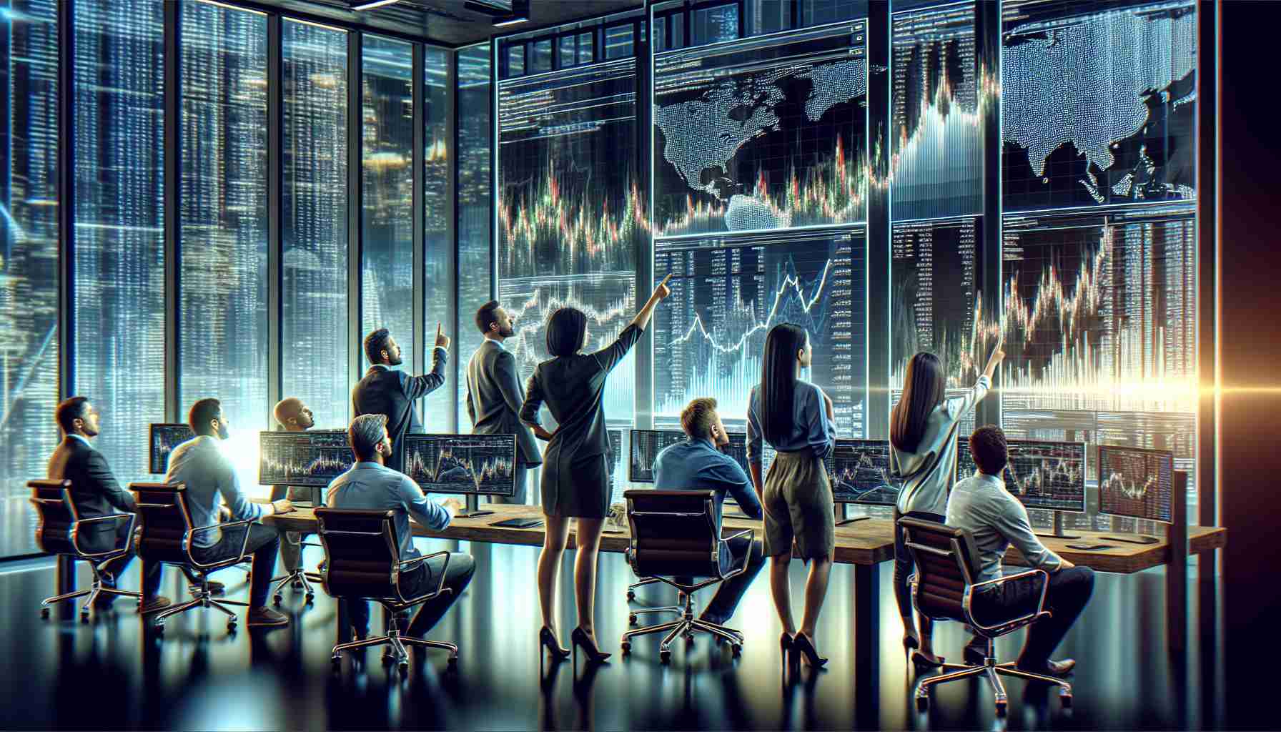 High-definition, realistic image showing a diverse group of people in a modern office setting. Some of the individuals in the scene could be Caucasian, Asian, Black or Hispanic men and women. They are looking at multiple screens displaying dense financial data and charts. One individual is pointing towards one of the screens that are showing an upward trending graph, symbolizing the 'explosive altcoin season'. The atmosphere is intense and lively, indicating that a major market move is anticipated. The office itself needs to be well-lit and technology-oriented with a panoramic view of a city landscape in the background.