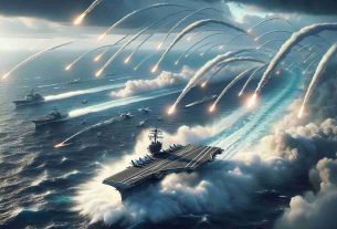 Illustrate a detailed and realistic scene in high definition of missiles being fired into a body of water, representing the Gulf of Aden. A U.S. aircraft carrier is seen in this scenario, unharmed and unharmed as it remains resilient amidst the high-intensity event. Please depict the missiles with an arc trajectory to display their movement, with the aircraft carrier quite far but still visible as part of the broader seascape. The image should convey the power and sheer size of these military maneuvers, employing a sense of drama and tension without depicting actual destruction or harm.