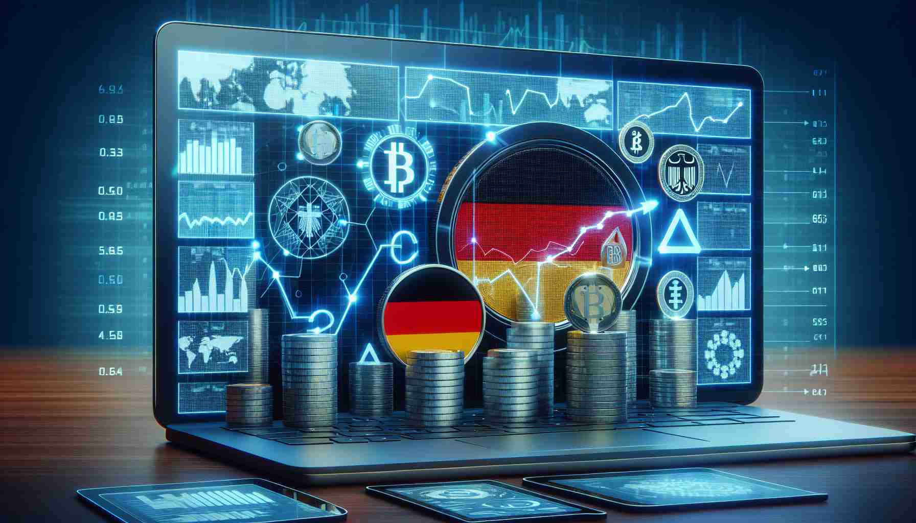 Realistic HD illustration of a symbolic representation for the concept of German government initiated cryptocurrency transfer that is causing market concerns. This should depict a large computer screen filled with graphs indicating fluctuations in the digital currency market, German emblems and symbols, and images of digital coins representing the cryptocurrency transferred.